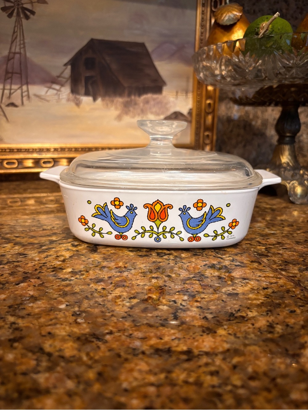 Vintage 1975 Corning Ware Country Festival Blue Bird Casserole Dish w/ Glass Lid